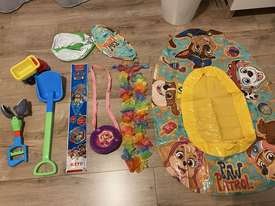 Ponton basen plaża piłka okularki psi patrol paw patrol skye torebka latawiec nowy łopata foremki duży zestaw na plażę piasku ciężarówka rekin