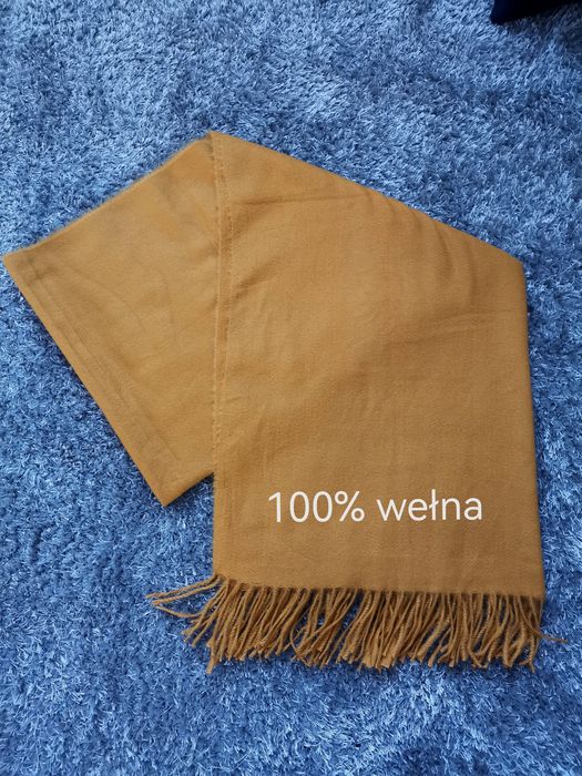 Żółty szalik 100% wełna dziewicza virgin wool SKY Cashmere musztardowy z frędzlami ciepły długi nowy wełniany