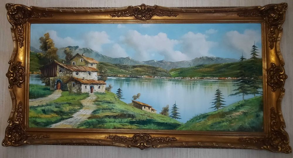 Quadro pintado à mão com técnica de impasto, moldura com tom dourado escurecido - 150 cmx70 cm
