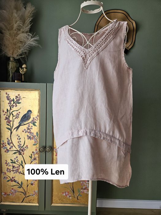 Lniana tunika damska bluzka oversize pudrowy róż Marisa Marie M 100% L