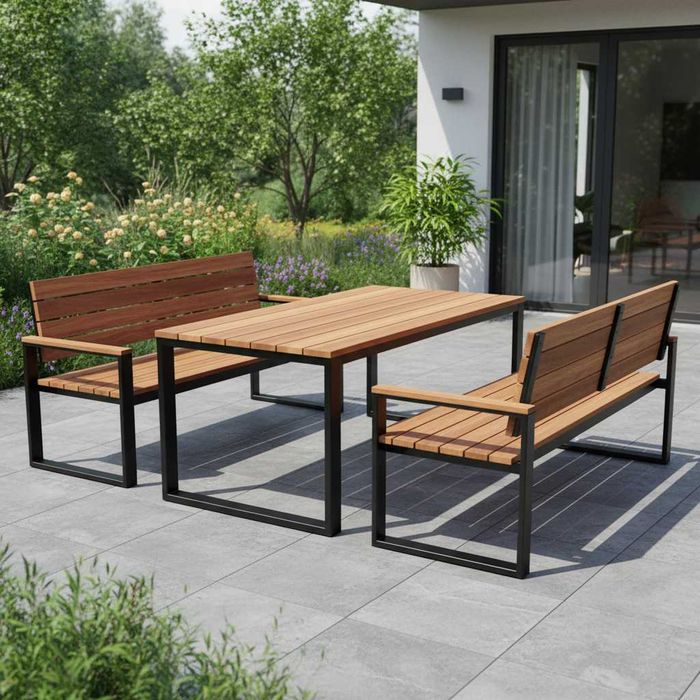 Nowoczesny zestaw mebli ogrodowych – stół (150x 80) + ławki 150cm