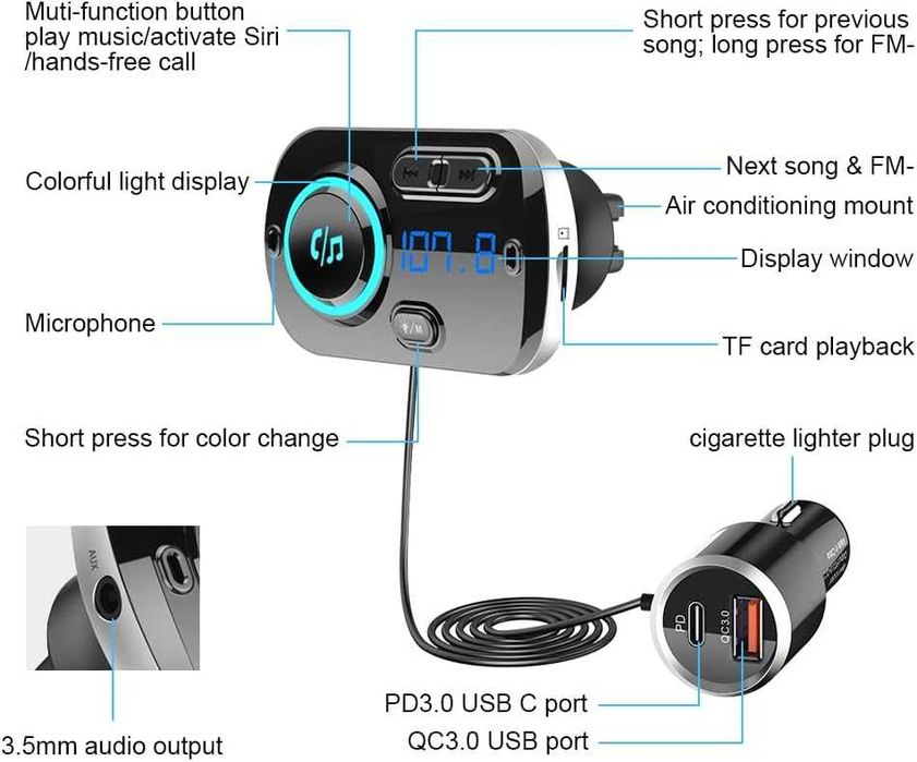 SONRU BC49BQ Bluetooth 5.3 FM Adapter do samochodu czarny transmiter