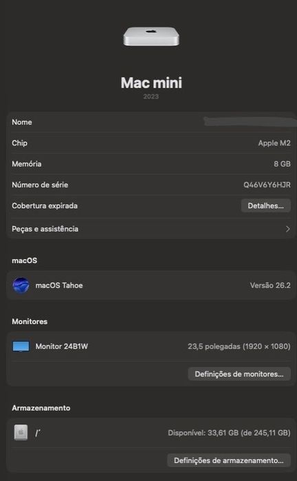 Mac mini 2023 8gb RAM 250gb
