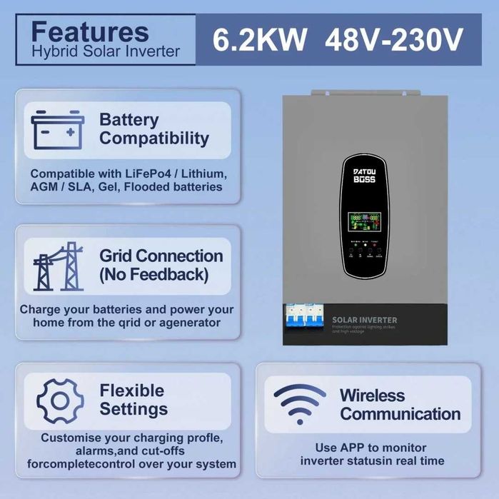 Інвертор Гібридний DATOUBOSS 6200 Вт 48 В, BMS, з MPPT 120А +під сонце