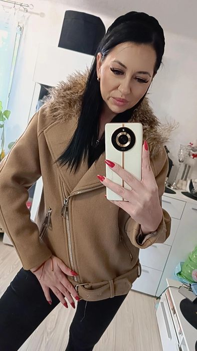 Kurtka biker motocyklowa Wełna H&M Hit L beż camel