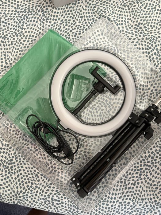 Kit tripé e ring light com pano verde