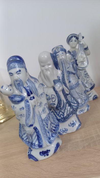Figurki chińskie porcelanowe mędrcy grajek vintage Zestaw 4 figurek