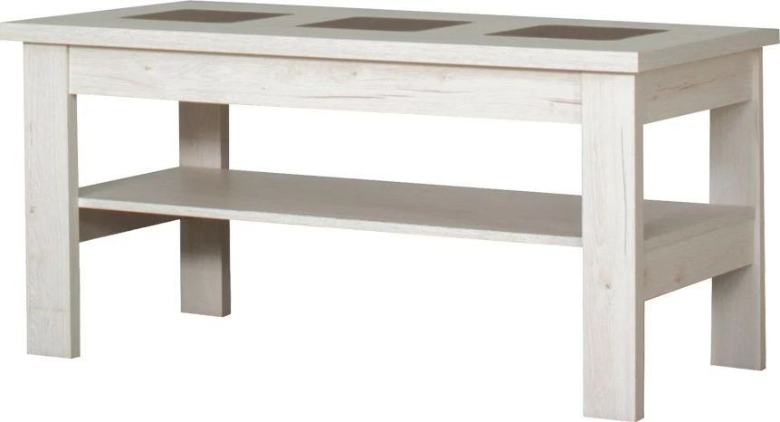 Używany stolik prostokątny ze szkłem i półką (dąb Soma perłowy)