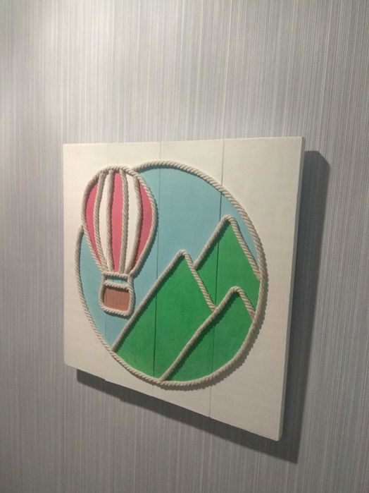 Картина з дерева та джуту "Повітряна куля" | woodlikelove