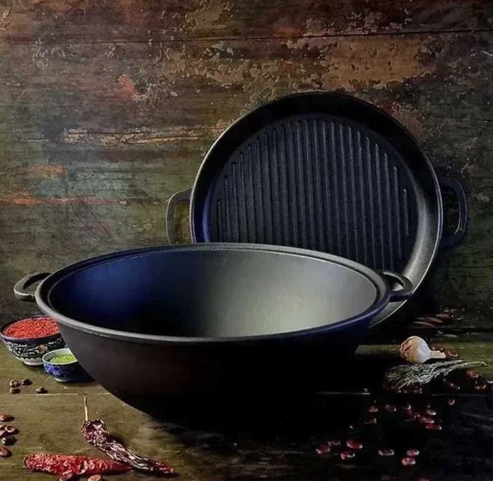 Казан чугунний 8,12,15,18л кришкою сковородою форми Wok ВІД ВИРОБНИКА