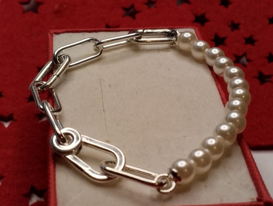 Na święta nowa bransoletka srebrna perły 925srebro duże ogniwa