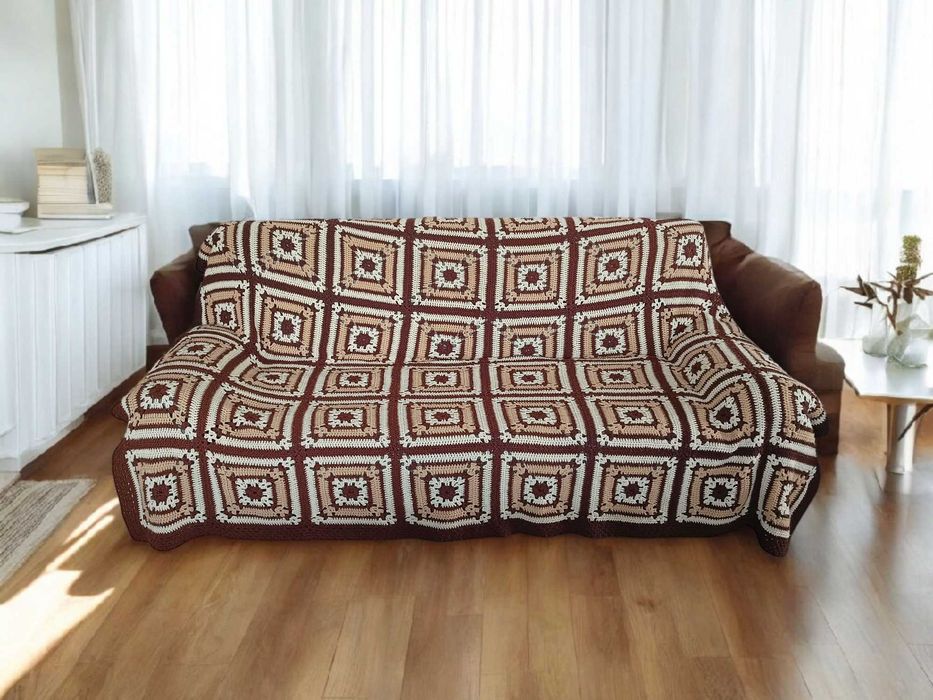 Szydełkowana narzuta na łóżko sofę z PRL kapa na szydełku 190x250