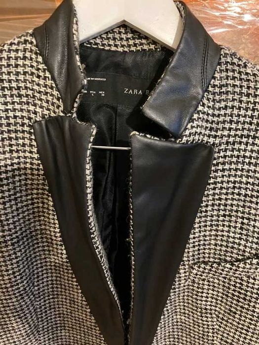 Zara plaszcz w kratke ze skora