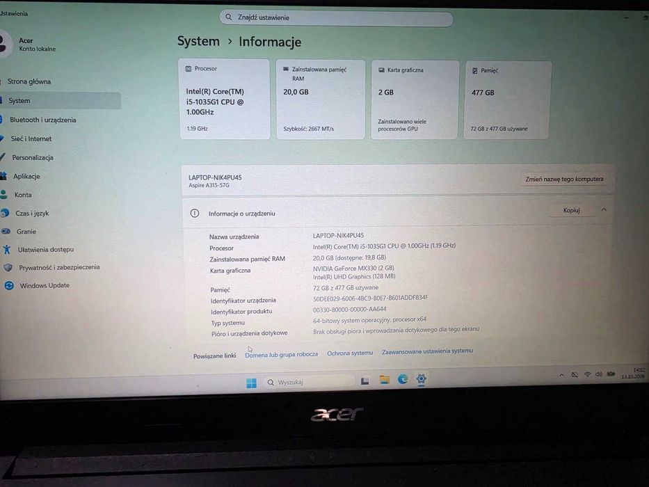 Laptop Acer Aspire 3 i5/20Gb/512SSD/GeForceMX330/W11