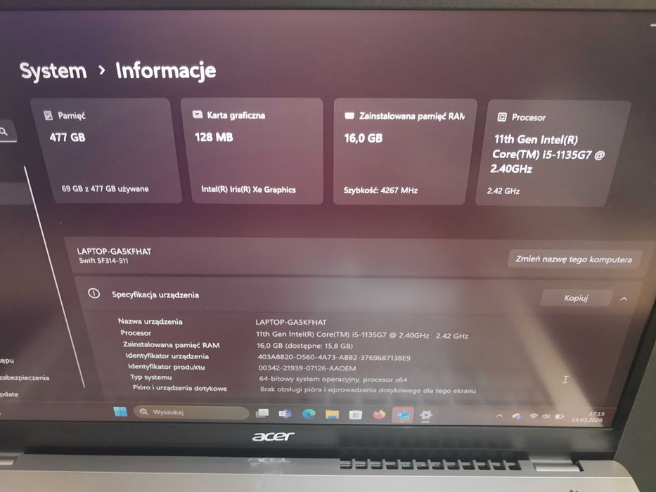 Laptop Acer Swift 3 N20C12 Win11, i5 4x4.2GHz, 16Gb RAM