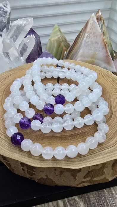 Браслет з натурального каміння - Місячний камінь (Адуляр) з Аметистом