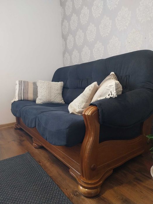 Komplet wypoczynkowy, sofa + dwa fotele, dębowe