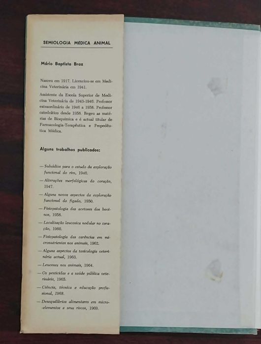 Obra da Medicina Veterinária "Semiologia Médica Animal", 1.º e 2.º Volumes, de M. Baptista Braz
