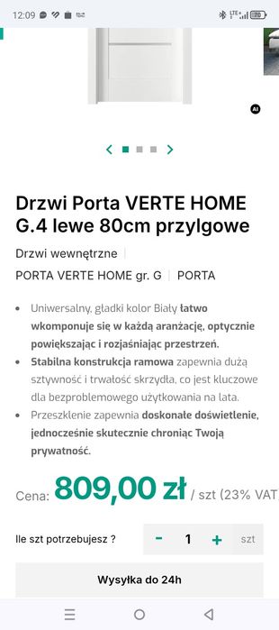 Drzwi porta verte 80 L   z ościeżnica regulowana
