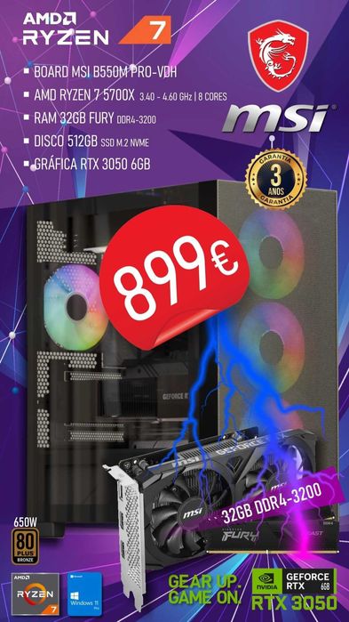 Computador Gaming MSI Ryzen 7 5700X / B550 / RTX 3050  (NOVO)