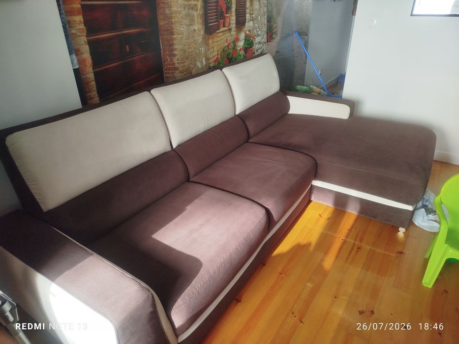 Sofá de Canto com Chaise Longue em Tecido - Ótimo Estado