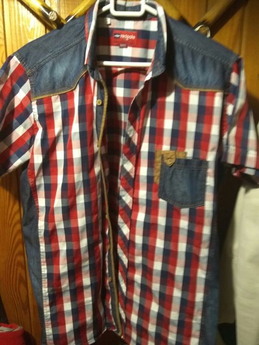 Koszula chłopięca/męska, M/40, jeans, krata, skóra