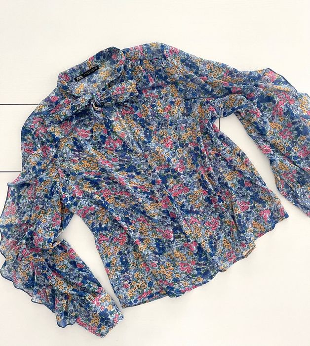 Koszula Zara S / 36 błękitna kwiatki kokarda falbanki wiosna boho