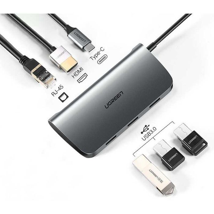 Adapter Ugreen 6w1 USB-C do HDMI 4K 3xUSB 3.0 USB-C RJ45 Ethernet