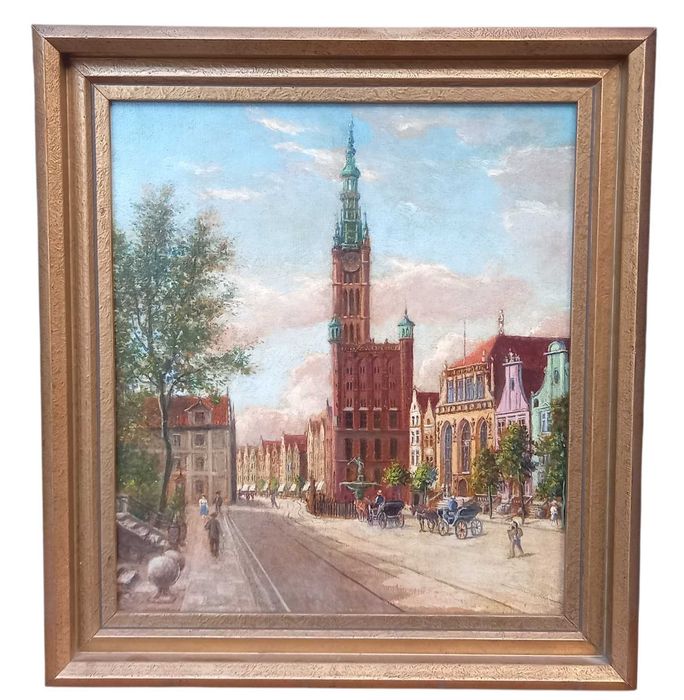 "Gdańsk", olej/płyta, sygnatura nieczytelna, przedwojenne malarstwo