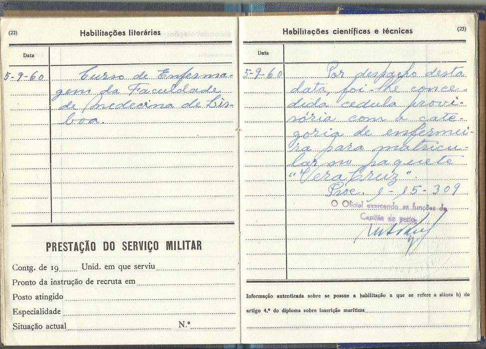 MARINHA - Antiga - 1960 - Cédula de Inscrição de Tripulante - Enfermeira - SELOS ISN