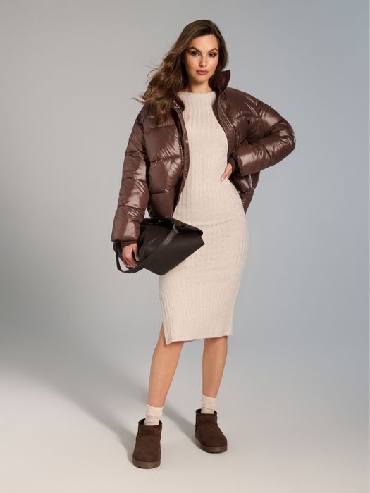 Sukienka z prążkowanej dzianiny beżowa wiskoza S/36