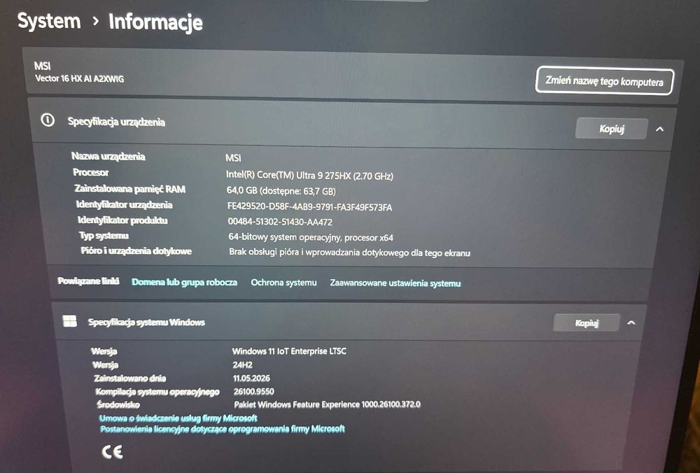 Laptop MSI Vector 16 HX Intel Core Ultra 9 RTX 5080 64 gb ram 4 tb nvme