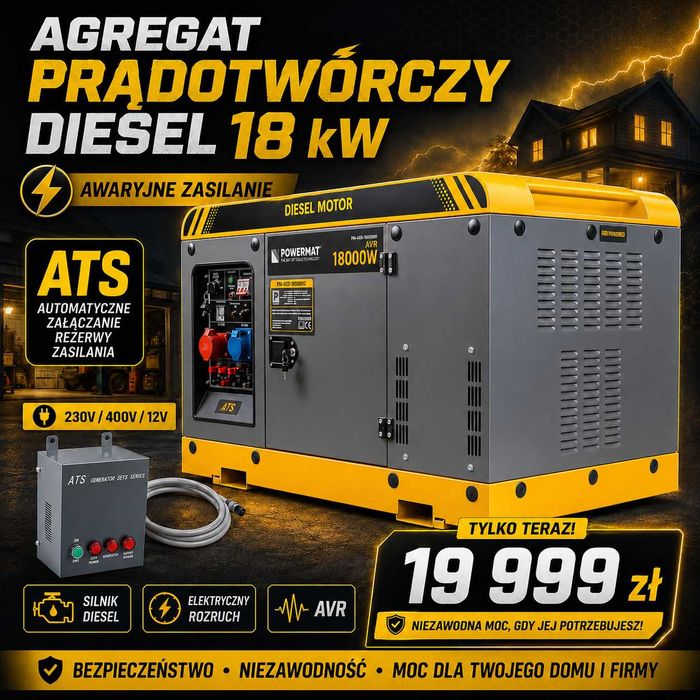 AGREGAT Prądotwórczy  DIESEL 18 kW POWERMAT PM-AGR-18000MD 230V / 400V / 12V  ATS