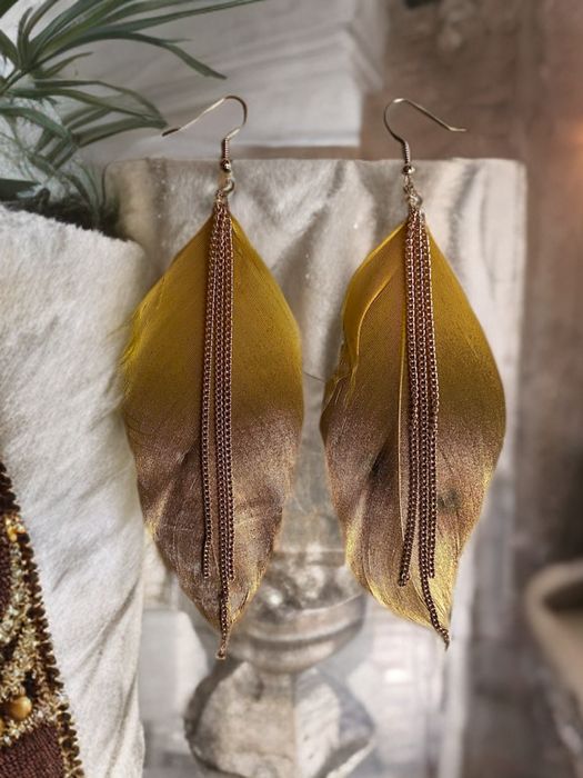 Kolczyki India Bohemian Gold Leaf - zjawiskowe pozłacane, Musztardowe