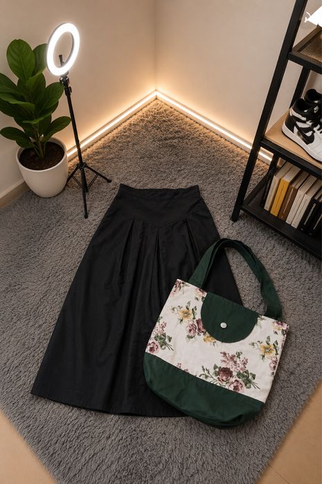 Чорна спідниця міді з кишенями | Cotton Black Skirt (S)