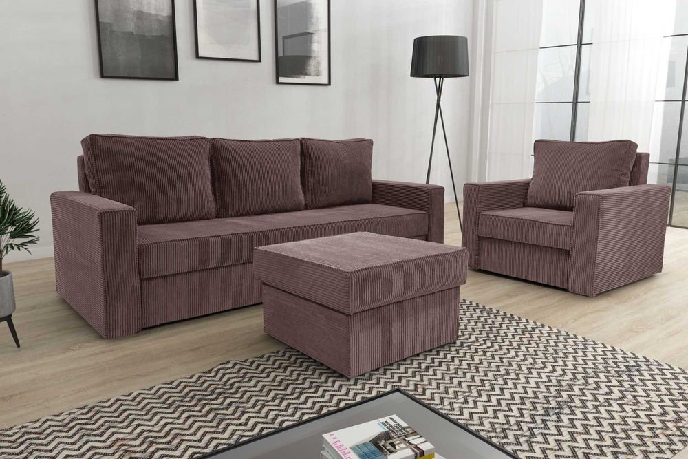 Zestaw komplet wypoczynkowy kanapa fotel pufa Sofia. Sztruks, sprężyny