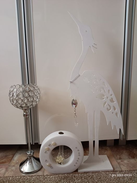 Zestaw ozdób na okno, parapet, stół, świecznik, wazon, czapla