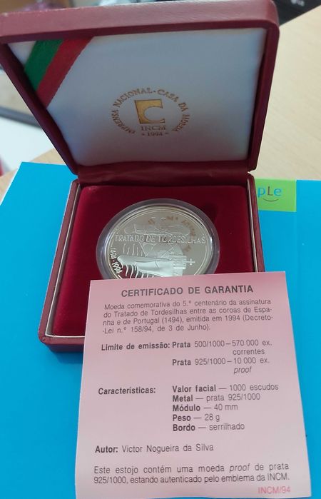 1.000$00 de 1994 dos 500 Anos T. Tordesilhas Portugal, Prata Proof