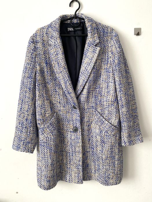 Zara tweedowa długa marynarka boucle oversize żakiet