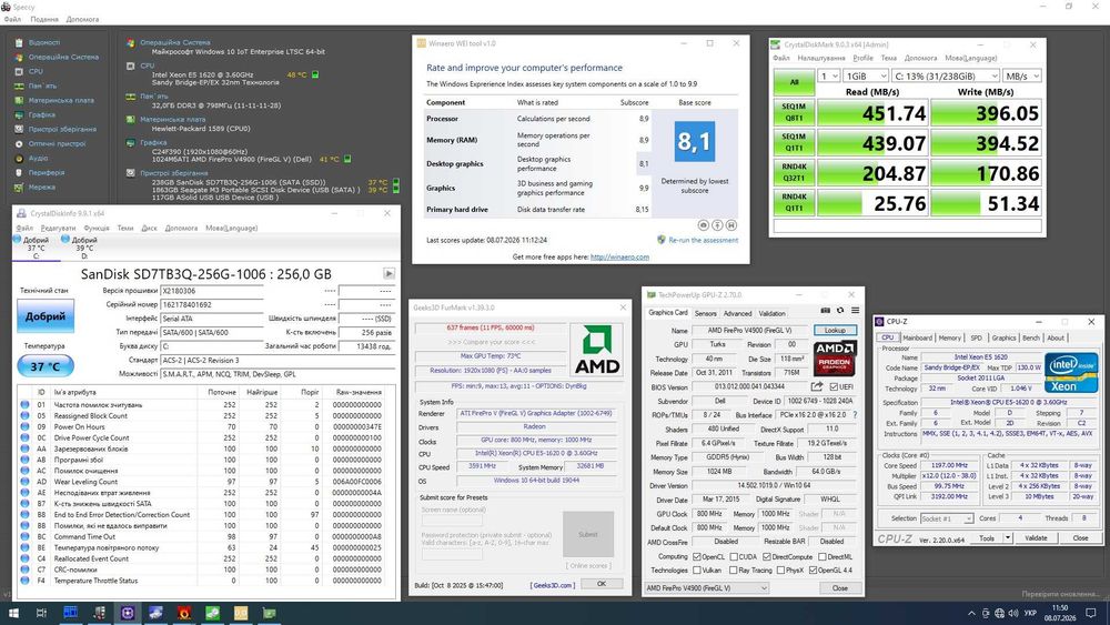 HP Z420/Xeon E5 1620/4-8ядер/3.6GHz/RAM 32-64Gb/SSD SanDisk 256Gb