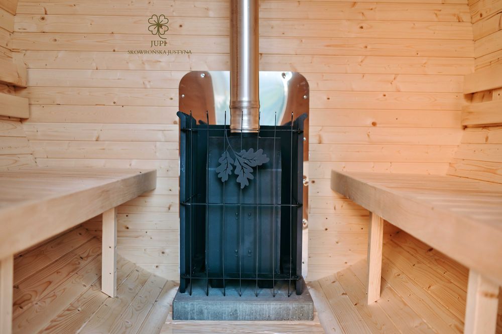 Sauna ogrodowa beczka 335cm z przedsionkiem piecem i oświetleniem LED