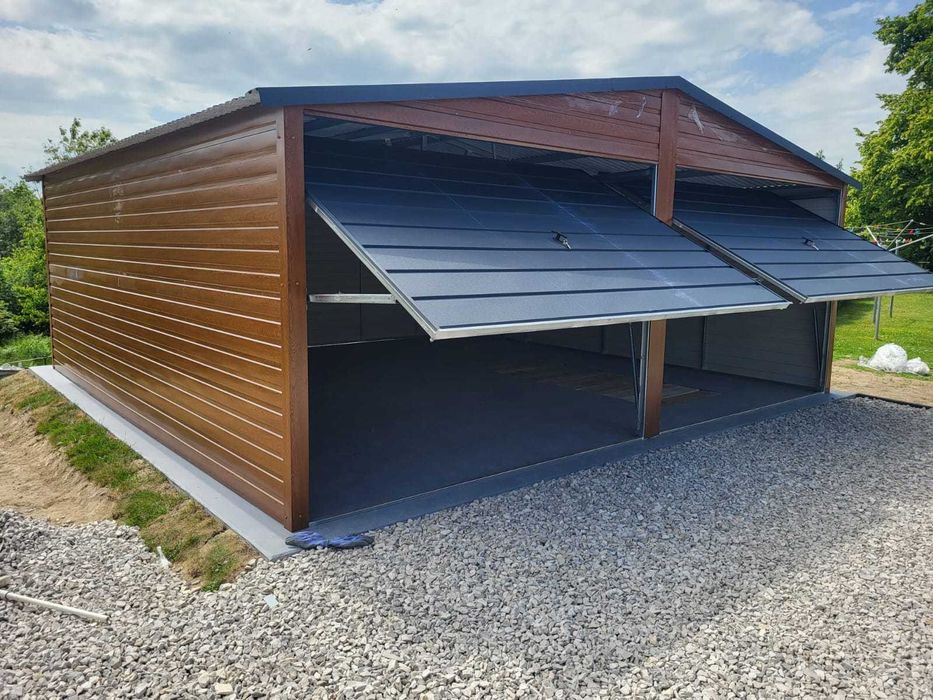 Garaż blaszany dwustanowiskowy 6x5m złoty dąb + ciemny grafit PREMIUM