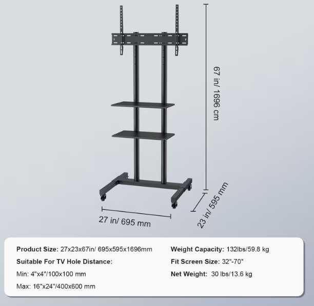 Suporte de TV Móvel VEVOR 32–70" com Rodas – Novo na Caixa, nunca montado