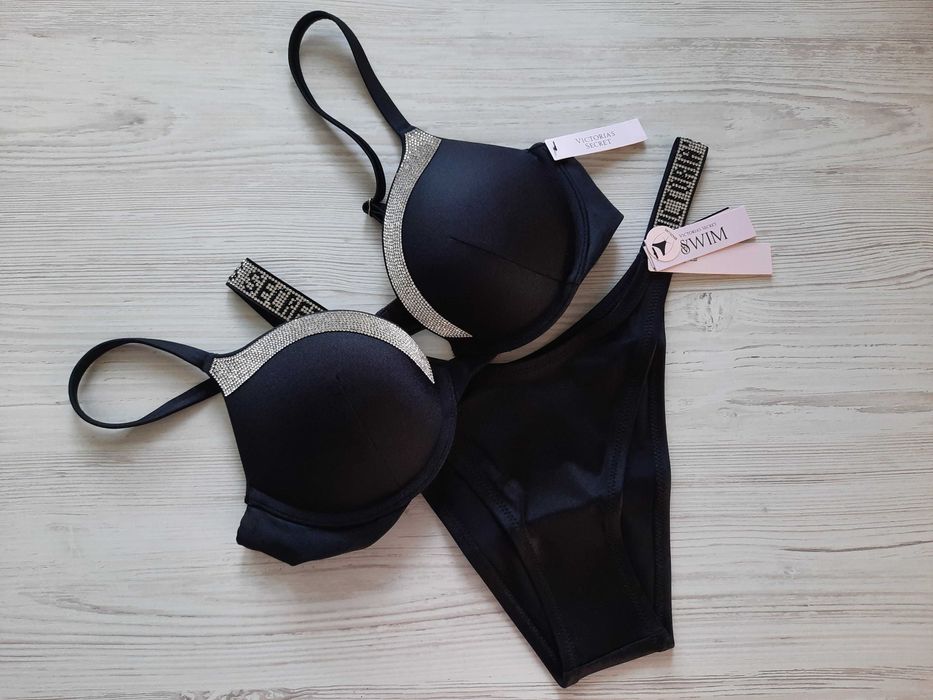 Черный купальник Victoria's secret пуш-ап сдельный бандо стринги S M L