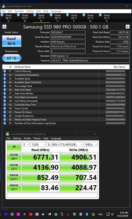 Samsung 980 PRO 500GB m2 NVMe PCIe 4.0  6700мб/с  90% health
