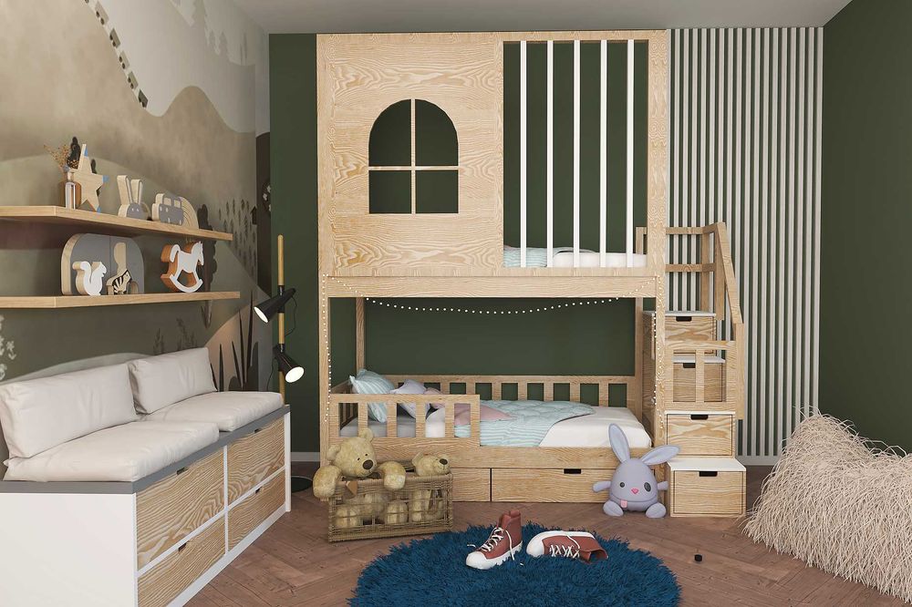 Łóżko piętrowe ze schodami i lamelami dla dzieci