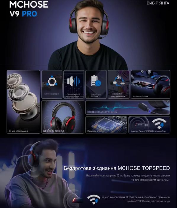 MCHOSE V9 Pro бездротові ігрові навушники 7.1 Bluetooth 5.3