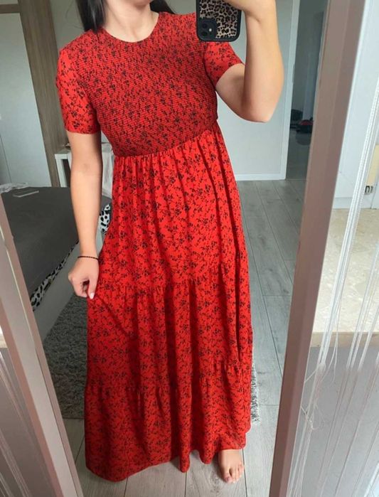 Zara dluga maxi czerwina sukienka w kwiaty