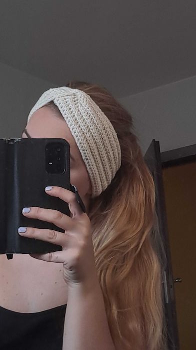 Opaska na głowę, ecru, 100%wełna merino, handmade