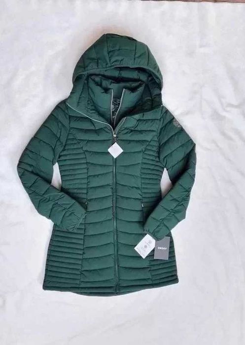 DKNY zielona długa kurtka puchowa S